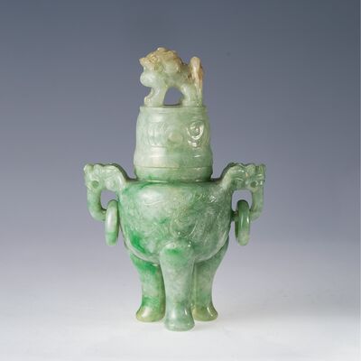 清錫翠龍紋遊環三足香炉 鑑定書付（箱付）