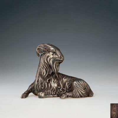 海野美盛造 金工象嵌純銀製羊置物（共箱）