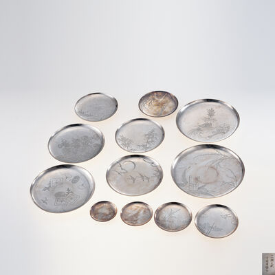 吉岡因幡介作　銀製毛彫十二枚盆組（元箱）