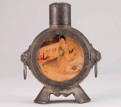 2109 民国 锡制玻璃人物纹茶叶罐