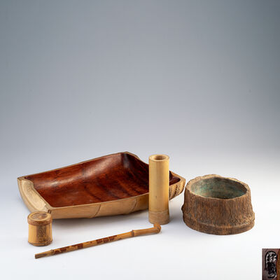 黒田宗傳作　竹製煙草道具組　盆付　春挙愛藏（共箱）