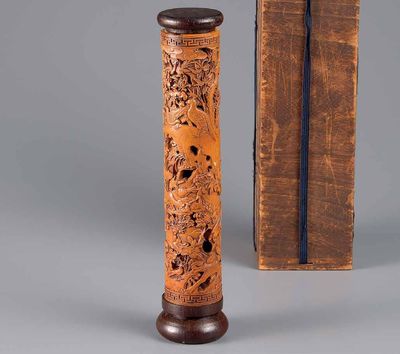 2136 民国 黄杨木雕百鸟纹香筒