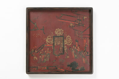 明 紅漆漆彩人物図 填漆 幾何紋縁方盆