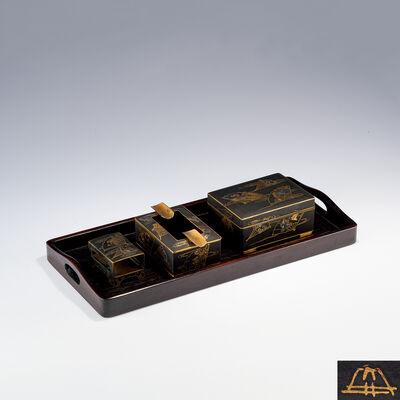 藤井製 金工象嵌扇子図煙草道具 盆付