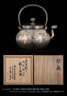 二世 秦蔵六 鉄斎翁菊画賛 純銀 鳳首 銀瓶（共箱）