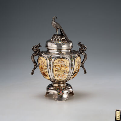 義次作 純銀龍耳孔雀摘芝山象嵌香炉