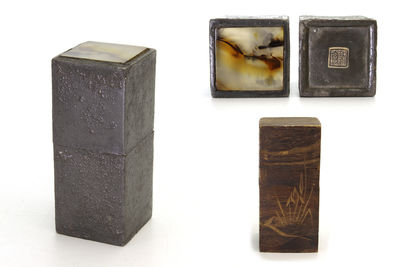 瑞珍造 瑪瑙象嵌筒形錫茶入（箱付）