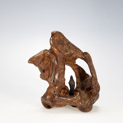 清　岩形沈木置物内置銅観音（元箱）