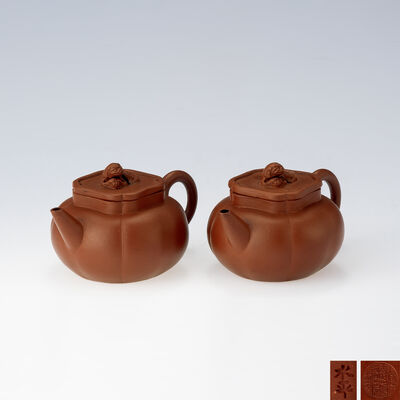 陽羨蒋商泰製 獅鈕紫砂壺 一対（木箱）