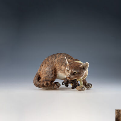 木米作 陶製斑猫捕鼠置物（共箱）
