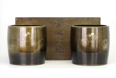 助信造 宣德銅四君子銀象嵌紋腰線狀紋火鉢一対 共箱