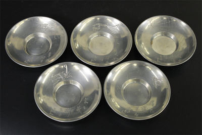 乾茂號造 漢文蟲圖 純銀茶托五客