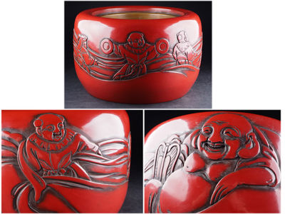 【夢工房】　時代鎌倉彫布袋唐子盛上図瓶掛火鉢　5ｋｇ　来-32