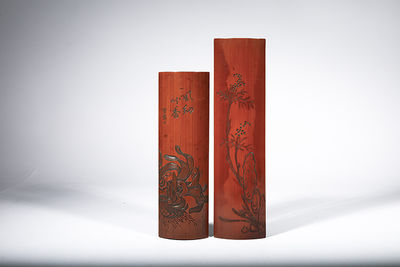 131 木雕花草圖茶則一對