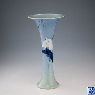 初代真葛香山 青華柳鷲図花瓶 帝室技藝員二代香山鑑（鑑箱）