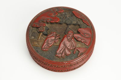 【讃岐 玉楮象谷造】堆朱彫漆松下仙人人物図香合・剔紅松下老子人物圖盖盒 共箱附