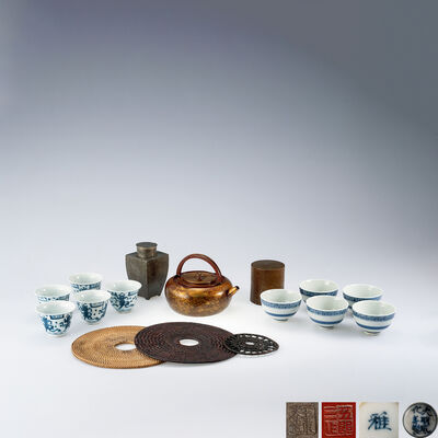 王東文造 古錫茶入·釜敷三点·金谷五郎三郎造 銅壺銅茶入·煎茶碗十点