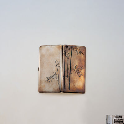 竹図切嵌赤銅煙草入（箱付）