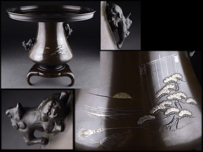 【夢工房】時代銅製海辺松古木銀象嵌唐獅子耳花器　3.8㎏　　辰-20