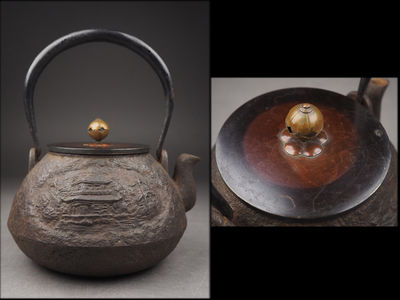 【夢工房】時代紫銅蓋京都風景図平長閑形鉄瓶　子-7