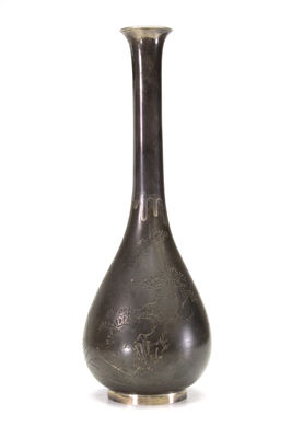 德力作 花草文雕 四分一銅銀花入