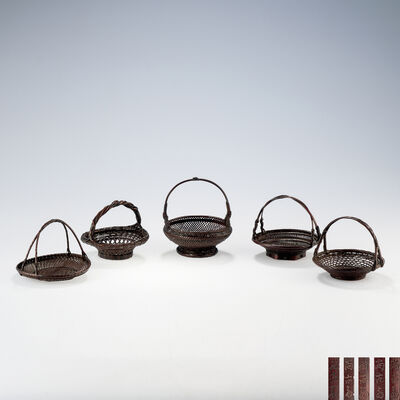 初代尚古斎 七十歲翁作 竹編菓子籃 五種（共箱）