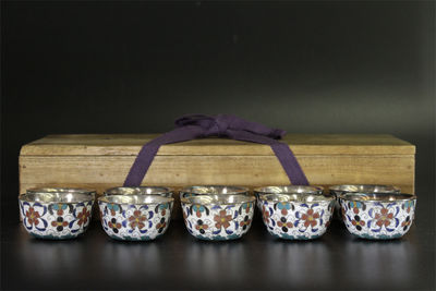 山川孝次作 七寶內銀張 盃10客 （共箱）