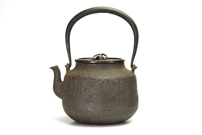 龍文堂造 窄口題詩紋雕刻蓋鉄瓶