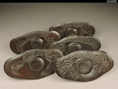 【青峯堂】古鉄 打出 芭蕉図 茶托 ５客 (売切)