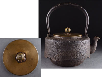 【夢工房】時代銀象嵌松竹梅提手斑紫蓋肩衝鉄瓶　1468g 己-5