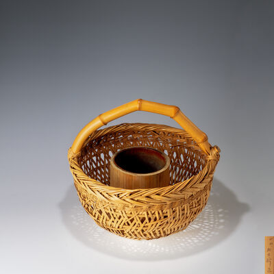 三代早川尚古斎作 白竹花籃（共箱）