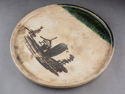 【夢工房】古瀬戸織部鉄絵行燈皿・江戸時代古民芸　辰-31