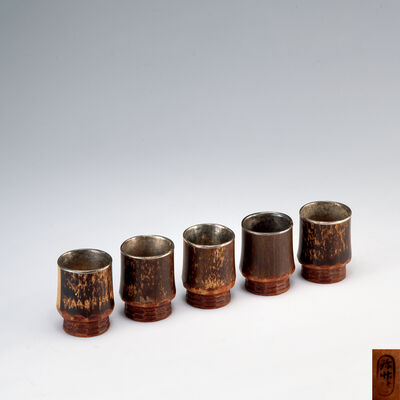 珎竹林作　内銀張竹茶盌5点（共箱）