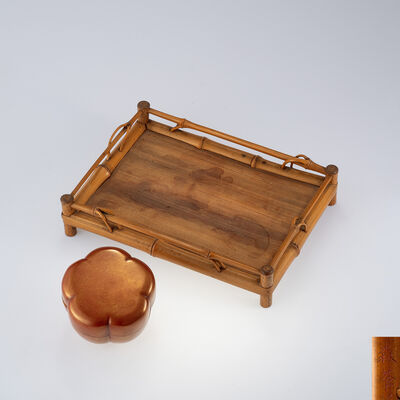 在銘 竹茶盤·一光傘寿作 梅花形乾漆茶入（其一共箱）