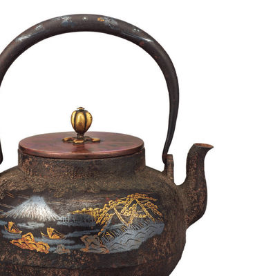 637 光玉堂 金银象嵌富士山水图铁壶（付共箱）