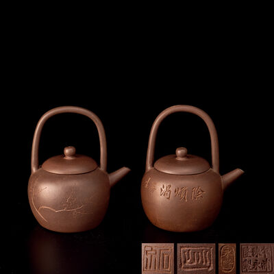 乍浦陳永隆製　紫泥上手急須一双「永隆」「石泉」在銘（箱付）