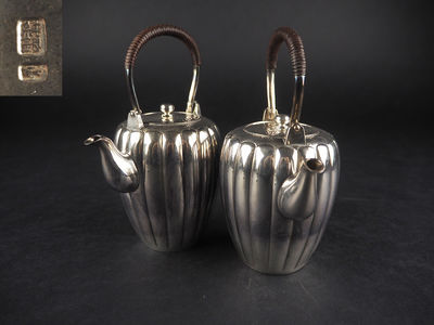 【夢工房】　純銀菊形銚子一雙　桐箱　計441ｇ　甲-4