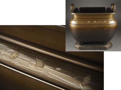 【夢工房】時代宣徳銅松葉銀杏象嵌四方耳付瓶掛　丁-10