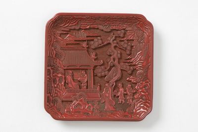 明 剔紅雕 楼閣人物紋 方盤