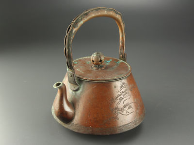 【雅】煎茶道具 銅製毛彫湯沸し 銅瓶 箱付 AW108