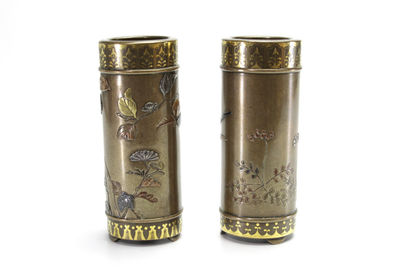 花鸟雕刻铜制筒子一对