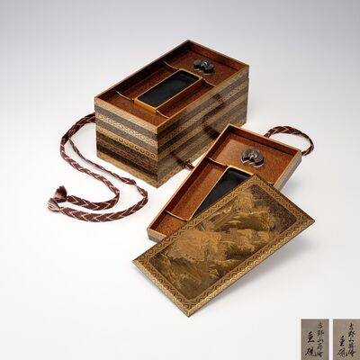 吉野山蒔絵重硯箱（共箱）
