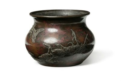 「琢斎」造 斑紫銅 花鳥紋 蟹鈕 建水