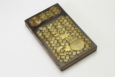 蟲草紋象嵌 編織模樣 骨彫竹寫盒