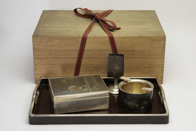 重久刻 雞竹文 銀銅紅木內張 煙具4件組（箱付）