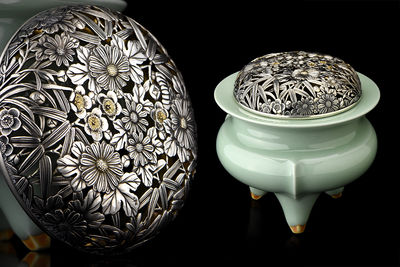 【夢工房】　二世諏訪蘇山造青磁香爐四世秦蔵六造銀火舎共箱　花-14