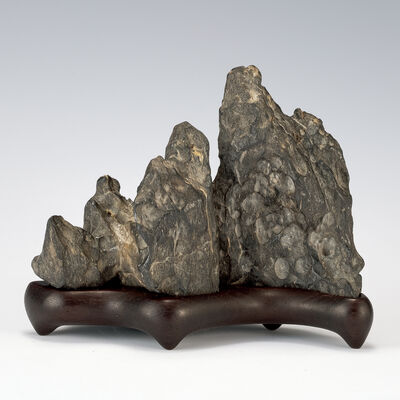 霊璧石山子置物　紅木台付