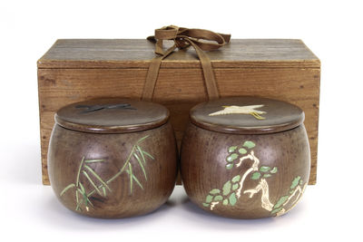 鳥鷺飛圖碁石筒一對 貞門造（共箱）