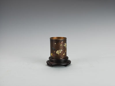 175 明治金工嵌金銀荷鷺圖筒形香爐