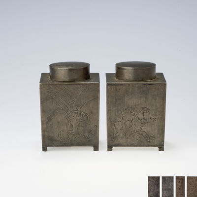 銭萬和製 霊芝 芭蕉 漢詩彫 古錫四方茶壺 一対 在銘（箱付）